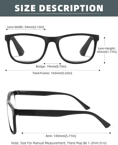 Vista 3 de Gafas de lectura negras mate para hombre, grandes y grandes, grandes y anchas, +0.50, con aumento ligero, cabeza grande, cara grande