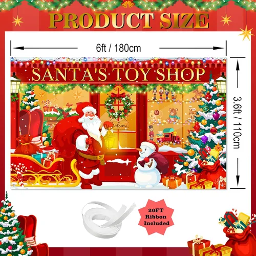 Vista 4 de Avezano Telón de fondo de Navidad, pancarta roja de la tienda de juguetes de Santa para fotografía, fondo de tienda de Navidad, decoración