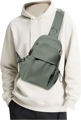 Vista 20 de SEAFEW Small Beige Sling Backpack Travel Hiking Daypack, Crossbody Sling Bag with USB Charging Port for Men Women 3 Layer Pockets One Shoulder Bag