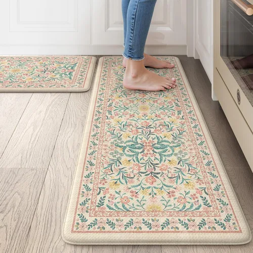 Vista 16 de Collive Tapete Anti Fatiga para Piso de Cocina, Tapetes de Cocina con Diseño Floral Primaveral para Piso Juego de 2, Alfombras para Fregadero Beige