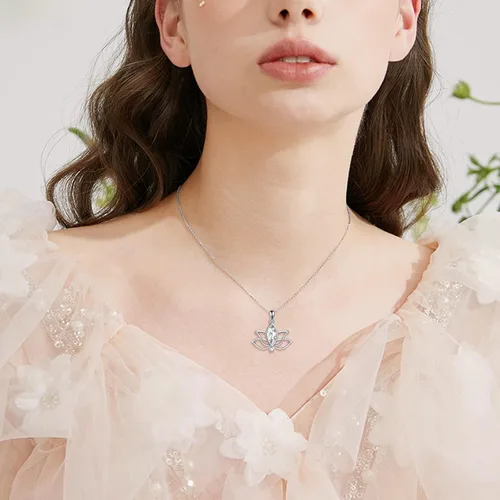 Vista 5 de YFN Collar de loto de plata de ley con colgante de piedra natal de loto, joyería de loto, regalos de cumpleaños para mujeres y niñas, Plata