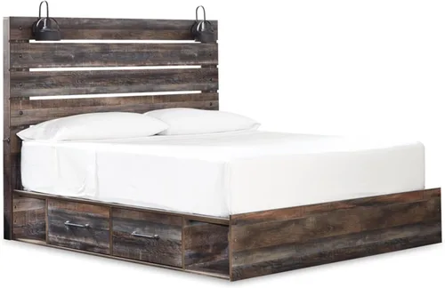 Vista 15 de Signature Design by Ashley Drystan - Cama de plataforma con panel rústica tamaño Queen con 2 cajones de almacenamiento, cubículos abiertos, luces