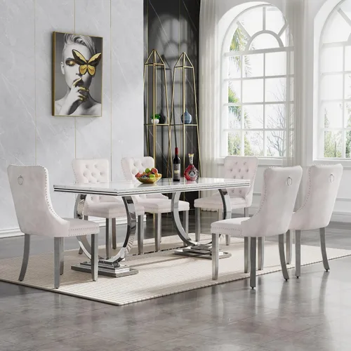 Vista 26 de HomVent Juego de mesa de comedor moderna de mármol sintético para 4 personas, mesa de cocina rectangular con 4 sillas beige (dorado)