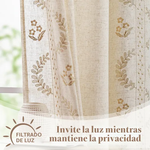Vista 7 de jinchan Cortinas de lino floral beige para cocina, 24 pulgadas, 2 paneles A Beige