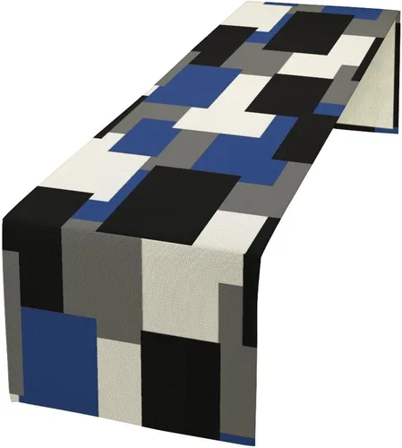 Vista 28 de Camino de mesa abstracto azul y gris, arte moderno, vintage, de arpillera oscura, camino de cena para granja, cabaña, café, cocina, comedor, fiesta