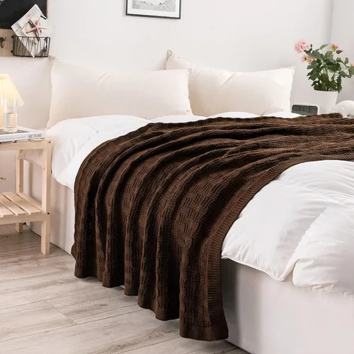 Vista 7 de Manta de Punto de Algodón Marrón Oscuro para Sofá Cama - Decorativa para el Hogar Suave y Acogedora Tejido de Suéter Otoñal de Punto Trenzado - 2.2
