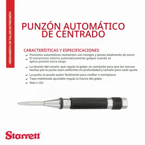 Vista 2 de Starrett 18AA, Perforadora para centro de carga pesada con toque o golpe ajustable, longitud 5-14", diámetro 11/16