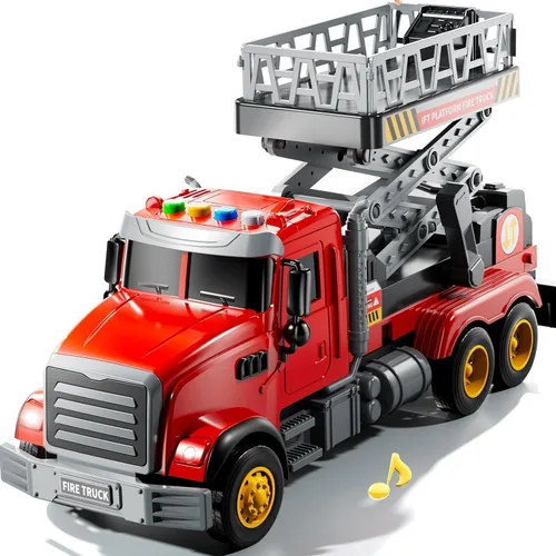 Vista 10 de JUKUDAHU Camión de bomberos de juguete para niños de 3, 4, 5, 6, 7, 8 años, juego de camiones de bomberos con escalera giratoria, sonido y luz