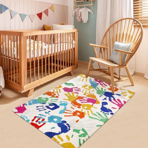 Vista 2 de STARUIA - Alfombra de huellas de manos y pies para niños para sala de juegos, alfombra de guardería lavable de 3 x 5 pies de colores para habitación