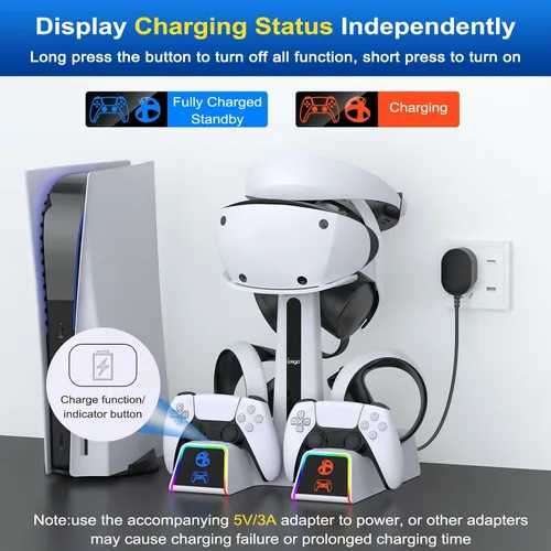 Vista 2 de Estación de carga RGB para PSVR 2/PS5 Edge/controlador PS5 con adaptador de CA, soporte PSVR2 con accesorios PS VR2 para auriculares PS5VR2