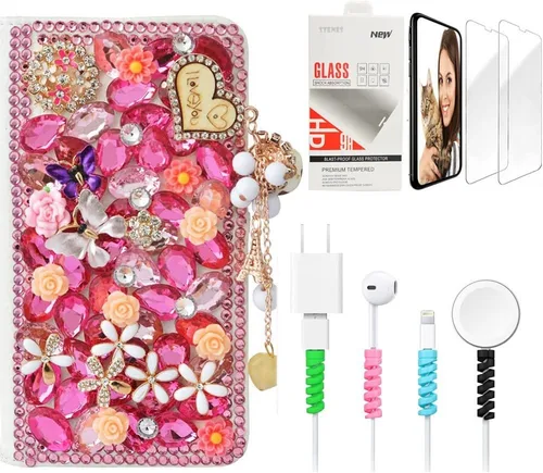 Vista 10 de Bling - Funda de piel con tapa para iPod Touch 5ª, 6ª y 7ª - Elegante - Diseño de flores en 3D - Funda de piel con protector de pantalla y protector