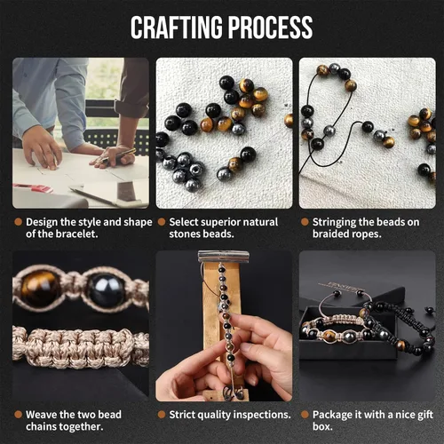 Vista 4 de Pulsera de triple protección, pulsera de cuentas de obsidiana negra y hematita genuina con ojo de tigre para hombres y mujeres, pulseras curativas