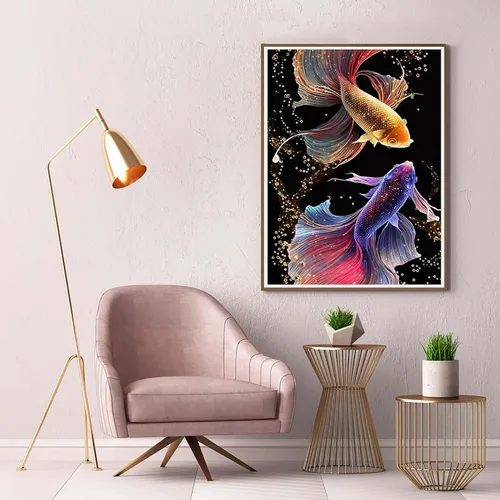 Vista 3 de Kaliosy Kits de arte de diamantes 5D para adultos, coloridos peces de lucha por números, pintura de diamantes, arte de peces, bricolaje, taladro