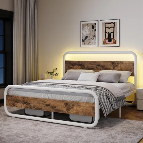Vista 12 de Catrimown - Marco para cama individual con luces LED, marco de cama plataforma individual resistente de metal rústico con cabecera de madera
