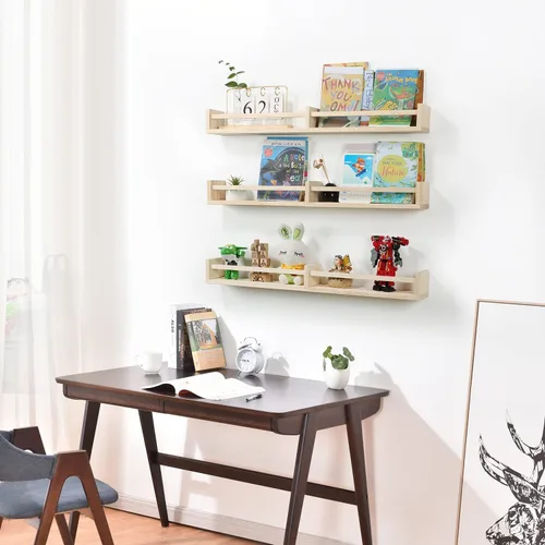 Vista 2 de Austin yan Estantería de pared para guardería, 32 pulgadas, juego de 3, estantería flotante de madera para niños, color madera natural, estante