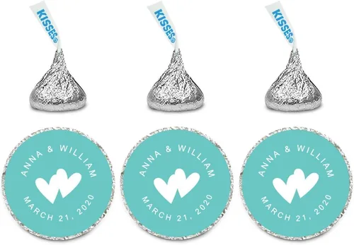 Vista 10 de Andaz Press Etiquetas personalizadas de gota de chocolate para boda, nombres y fecha redondos, turquesa aguamarina, paquete de 240, personalizadas