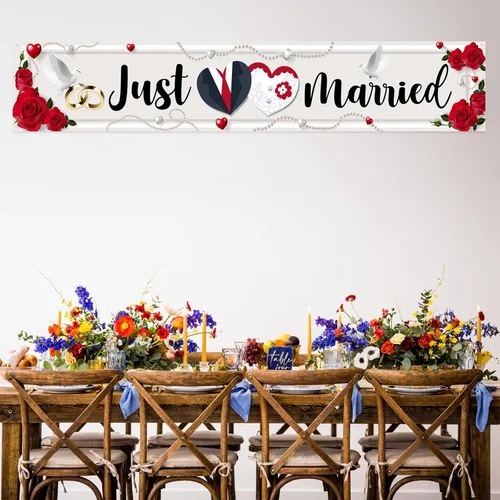 Vista 6 de Labakita Cartel grande de Just Married, cartel de ceremonia de boda para patio delantero, cartel de boda para exterior interior, suministros