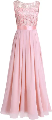 Vista 4 de FEESHOW Vestido largo de gasa con apliques de encaje floral para mujer vestido de noche de graduación