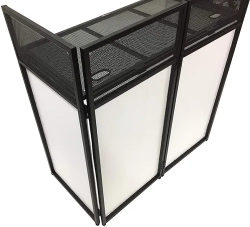 Vista 7 de Fachada para Eventos de DJ Scrim Blanco/Negro Marco de Metal Cabina + Mesa Plana de 20" x 40" Incluye Paneles Blancos y Negros + Estuches