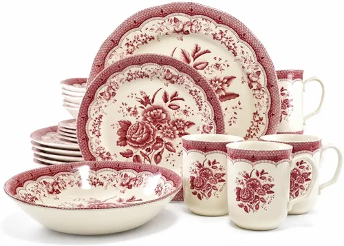 Vista 25 de Tudor Royal - Juego de vajilla redonda de porcelana de 12 piezas, servicio para 4, diseño botánico, flores de verano, platos, cuencos, brillante