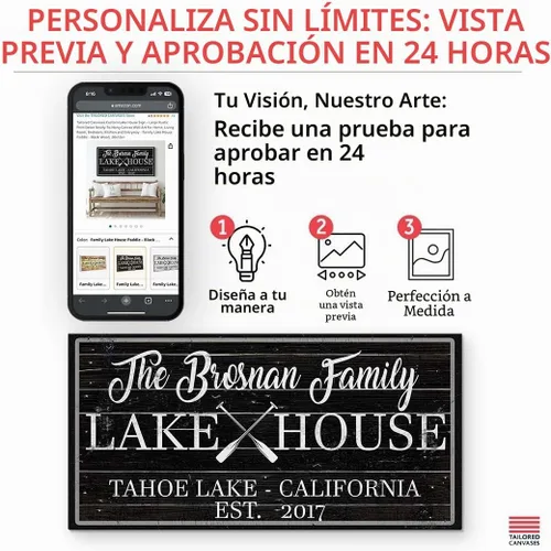 Vista 4 de TAILORED CANVASES Letrero personalizado de casa del lago, decoración rústica grande, listo para colgar, lienzo para pared, para el hogar, sala