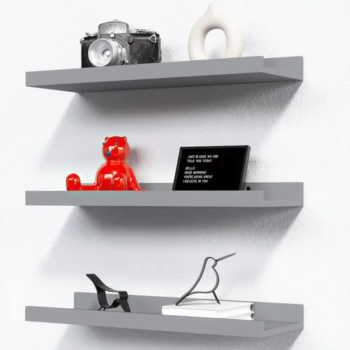 Vista 17 de RICHER HOUSE Juego de 3 estantes flotantes para pared, estantes negros de 16 pulgadas para montar en la pared con borde para almacenamiento, estante