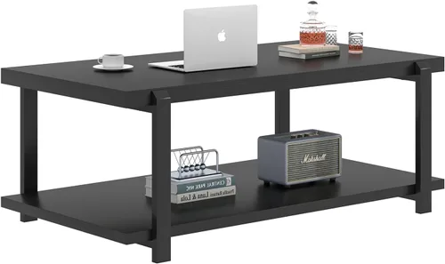 Vista 8 de FOLUBAN - Mesa de café negra, mesa de centro moderna de madera rústica con almacenamiento para sala de estar, mesa de té industrial de 2 niveles