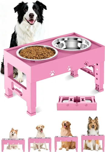 Vista 12 de LAKIPETN Tazones elevados para perros con 2 cuencos de acero inoxidable, soporte elevado para comida para perros, 5 alturas ajustables