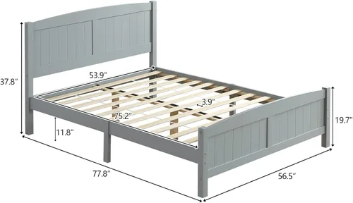 Vista 2 de Karl home Base de cama de madera tamaño matrimonial con cabecero, plataforma para dormitorio con estribo, soporte de 12 listones de madera, no Gris