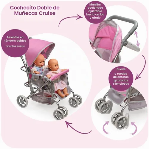 Vista 2 de Badger Basket carriola doble para muñecas - Carrito para muñeca bebé con asientos ajustables y canastilla de almacenamiento - Se ajusta a muñecas