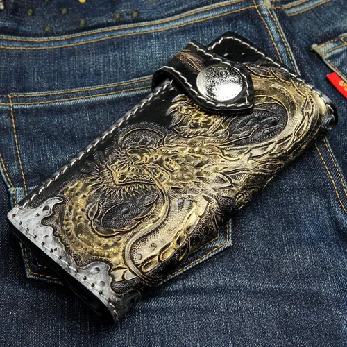 Vista 5 de Cartera de cuero Golden Emperor Dragon Biker, Dorado, Moderno