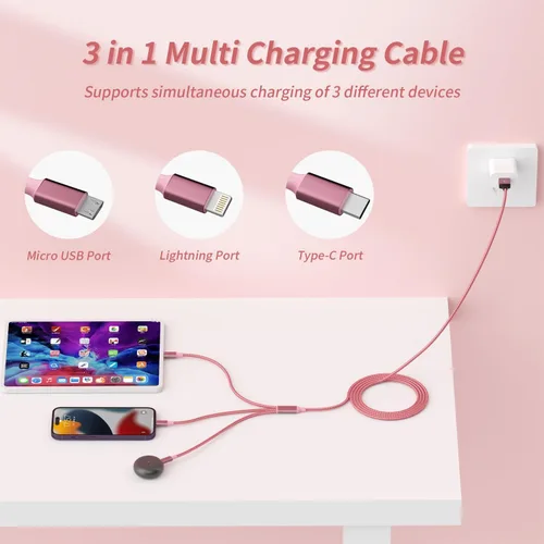 Vista 3 de Cable de carga múltiple, cable de carga 3 en 1 para múltiples dispositivos, cable USB universal con tipo C/IP/micro USB para iPhone