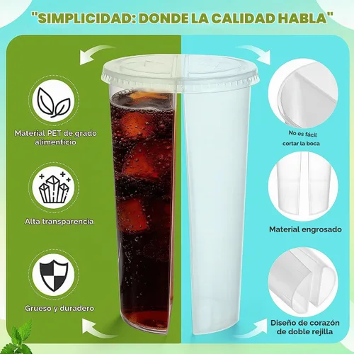 Vista 4 de 20 vasos de plástico desechables divididos para bebidas, forma redonda, doble espesa, taza para compartir en pareja, con tapas, para té con leche