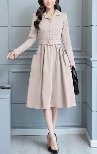 Vista 3 de chouyatou Vestido camisero elegante para mujer con cinturón y acampanado