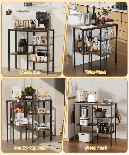 Vista 7 de Soporte de horno microondas de 4 niveles, estación de café ajustable para electrodomésticos pequeños, estante para panadería con 4 ganchos y 7