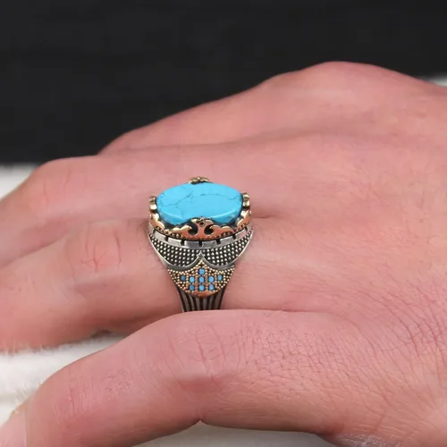 Vista 3 de Anillo de plata de ley 925 para hombre piedra turquesa joyería de moda regalo vintage anillos de ónix Aqeq para hombre todos los tamaños