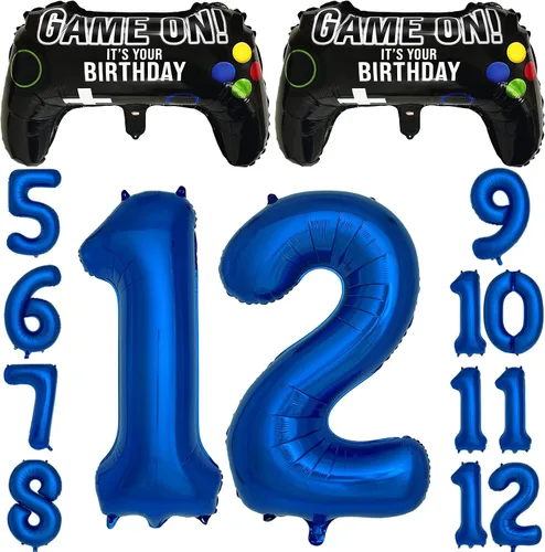 Vista 6 de Suministros de fiesta de videojuegos azul marino para decoración de fiesta de 5º cumpleaños para niños, 2 paquetes de globos de juego con globo azul