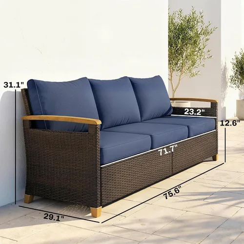 Vista 3 de Outsunny Sofá de 3 plazas para exteriores, sofá de mimbre PE para patio con asientos profundos amplios, cojines de espuma de 4 pulgadas Beige