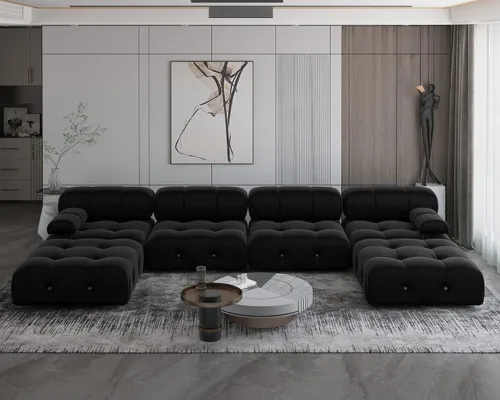 Vista 15 de JACH Sofá Seccional Modular Negro, 104" Sofás de Terciopelo Minimalistas de Estilo Mediados de Siglo, Cómodo Sofá Convertible de Asiento Profundo