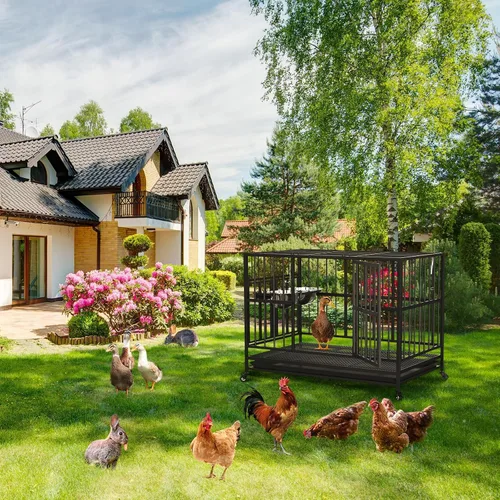 Vista 6 de LOVMOR Jaula para perros resistente de 37 pulgadas con ruedas/varilla de elevación de aire única, 360° y 2 cuencos ajustables, jaula para perros