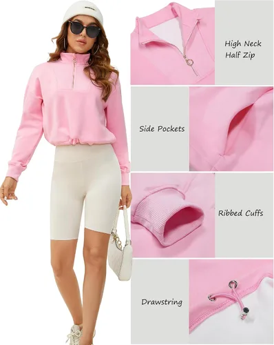 Vista 6 de SILKWORLD Sudadera corta con cremallera de un cuarto para mujer, manga larga, cuello alto, cordón ajustable, con bolsillos