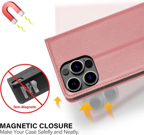 Vista 5 de Utook Funda compatible con iPhone 14 Pro, funda magnética de cuero genuino con tapa para teléfono celular con tarjeta de crédito, bloqueo RFID, a