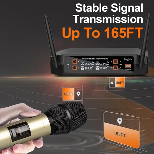 Vista 2 de Depusheng Micrófono inalámbrico DX4 con 4 micrófonos dinámicos UHF profesionales, sistema de micrófono de mano inalámbrico para karaoke, canto