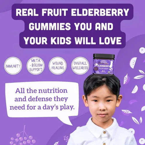 Vista 4 de Gomitas de saúco de Sambucus de frutas enteras para niños, sin azúcar añadida, veganas, gomitas de apoyo inmunológico para niños, gomitas orgánicas
