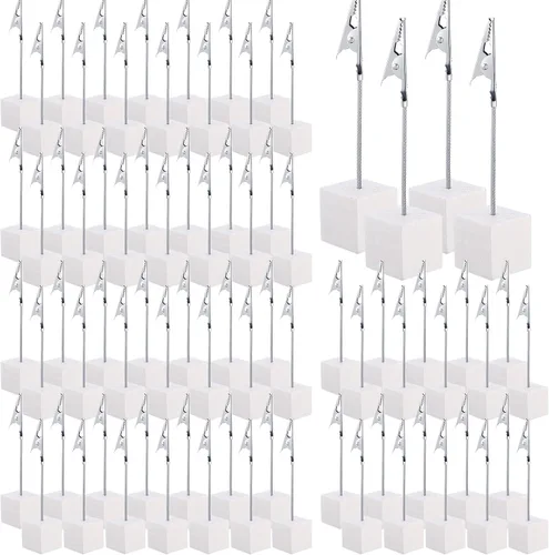 Vista 17 de Gersoniel 20 Piezas Soporte de Clip para Notas Base Cúbica con Clip de Cocodrilo Soporte de Números de Mesa de Madera Base Cúbica Soporte