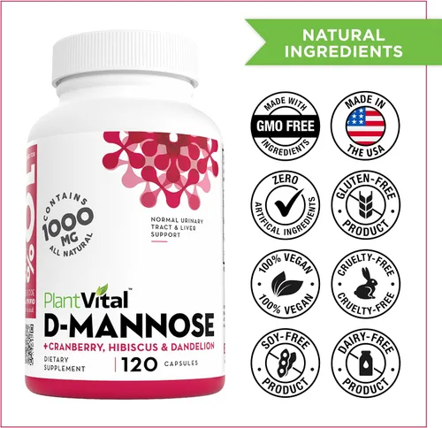 Vista 7 de Plantvital D Mannosa Cápsulas con Arándano - D-manosa 1000 mg por porción - Alta potencia para soporte de vejiga, riñón y tracto urinario - Polvo