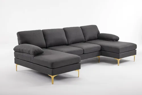 Vista 9 de Alexent Sofá seccional moderno en forma de U con diván doble, sofá de tela moderno con pies de latón para sala de estar, (gris oscuro)