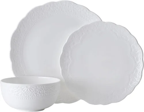 Vista 2 de Mikasa Abigail Bone China - Juego de vajilla ligera de 12 piezas resistente a las astillas, servicio para 4, color blanco