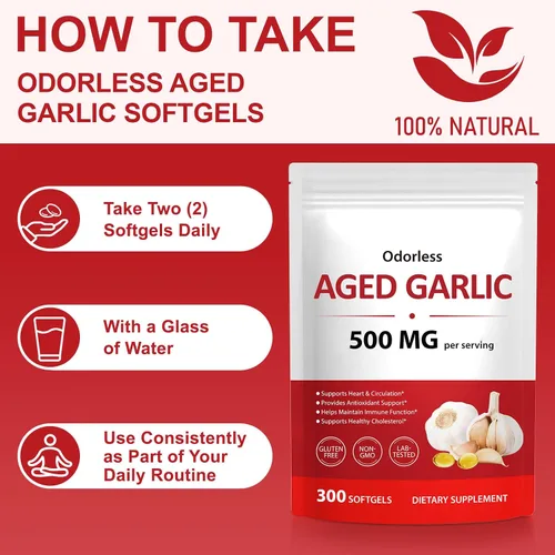 Vista 4 de NIFEISHI Extracto de ajo envejecido – (600 unidades) 500 mg sin olor, cápsulas blandas de ajo orgánico para el bienestar general – Suplemento