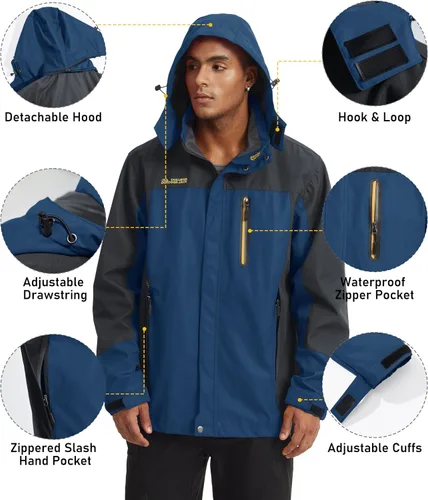 Vista 6 de MAGCOMSEN Men's Hooded Windproof Water Resistant Rain Jacket Windbreaker 5 Pockets for Hiking,Fishing,Runing